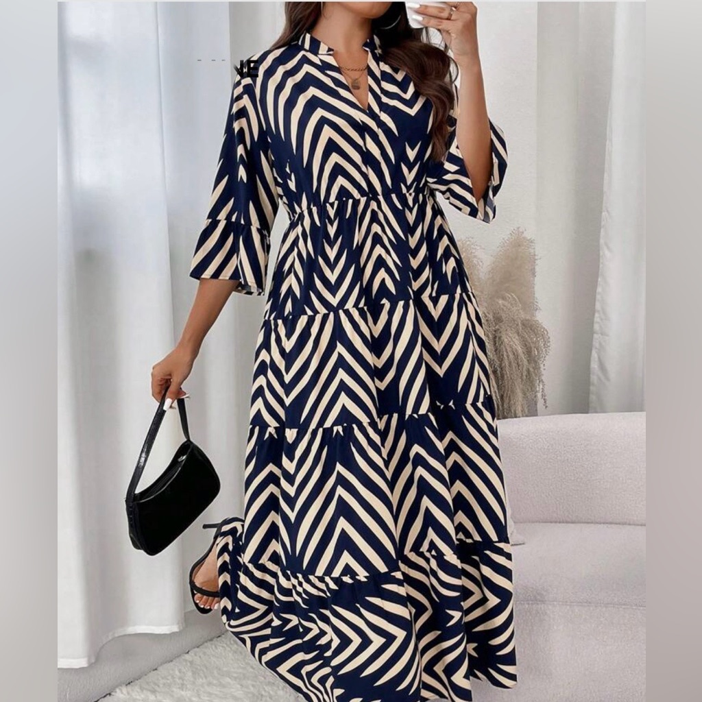 Shein Navy And Cream Chevron Maxi Dress